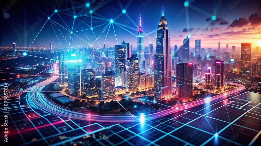 Dark Neon Light Map Navigation with Double Exposure Effect, Showcasing 3D Rendered Cityscape and Geometric Patterns for Futuristic Travel and Exploration Themes Dark Neon Light Map Navigation with Double Exposure Effect, Showcasing 3D Rendered Cityscape and Geometric Patterns for Futuristic Travel and Exploration Themes