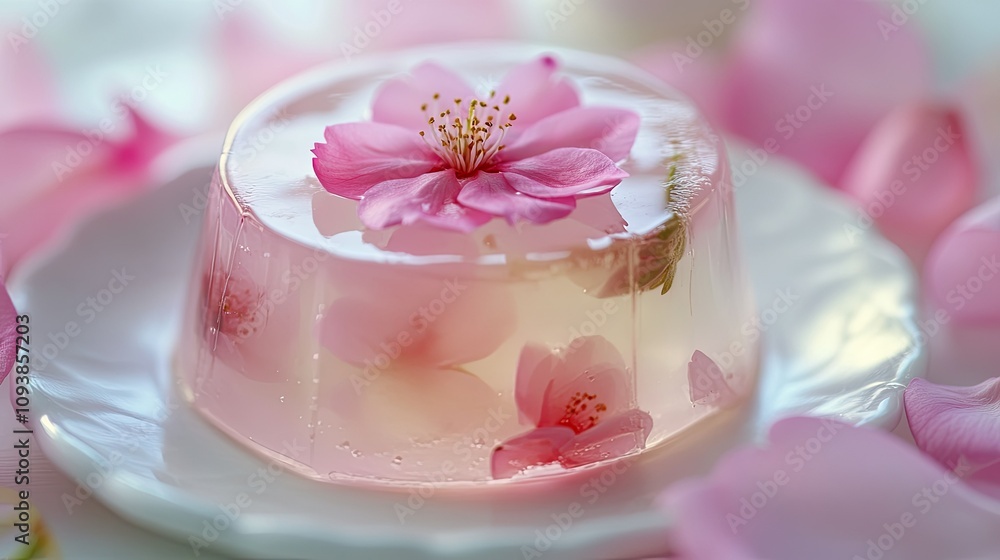 Beautiful transparent jelly dessert with delicate pink cherry blossoms floating inside, surrounded by soft pink petals on a white plate, creating an elegant and serene atmosphere. Beautiful transparent jelly dessert with delicate pink cherry blossoms floating inside, surrounded by soft pink petals on a white plate, creating an elegant and serene atmosphere.