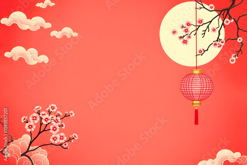 Backgrounds with traditional Chinese patterns, such as clouds and plum blossoms, are elegantly supported by a red background. photo