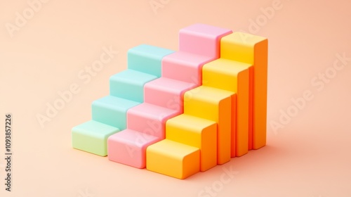 Colorful Wooden Blocks Stacked in Ascending Order Against a Soft Background, Representing Growth, Progress, and Development in Creative Spaces