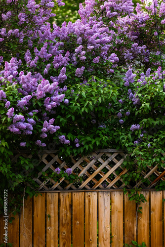 Lilac flowers growing over a wood fence in spring