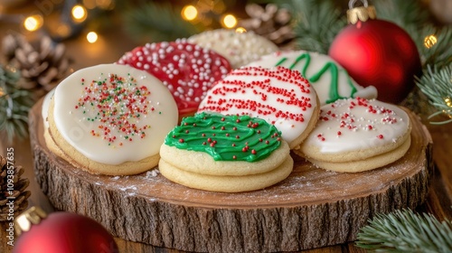 Assorted Christmas Cookies on Rustic Wooden Platter Surrounded by Pine Cones and Holiday Decorations with Warm Fairy Lights in Background