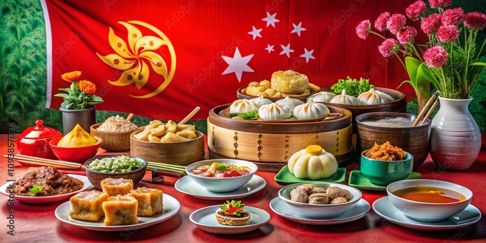 Delicious and Colorful Food Photography Featuring the Red Flag of Hong Kong with a Stylized Five-Petalled Bauhinia, Celebrating the Culinary Culture of the Hong Kong Special Administrative Region Delicious and Colorful Food Photography Featuring the Red Flag of Hong Kong with a Stylized Five-Petalled Bauhinia, Celebrating the Culinary Culture of the Hong Kong Special Administrative Region