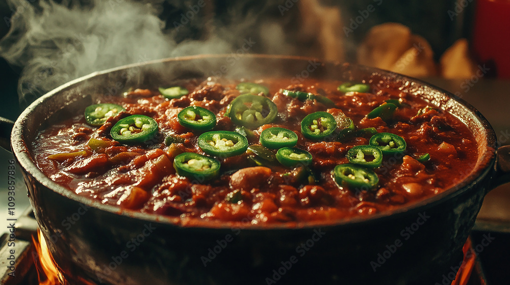 Bowl of chili covered in fresh jalapeños Bowl of chili covered in fresh jalapeños