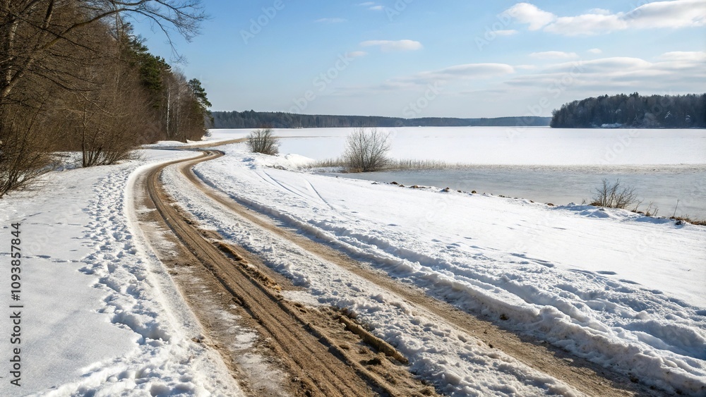 A road through dirty snow with shallow tire tracks and a frozen lake in the background, water, open A road through dirty snow with shallow tire tracks and a frozen lake in the background, water, open