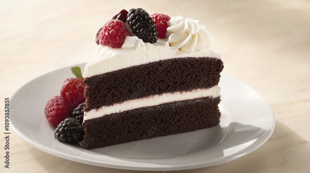 Decadent Chocolate Cake Slice Topped with Whipped Cream and Fresh Berries on a Light Wooden Table, Perfect for Dessert Lovers and Special Occasions Decadent Chocolate Cake Slice Topped with Whipped Cream and Fresh Berries on a Light Wooden Table, Perfect for Dessert Lovers and Special Occasions