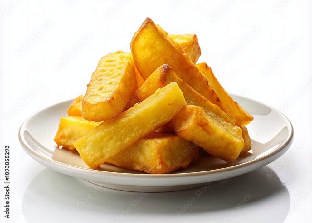 Delicious Fried Cassava on a Plate Isolated on White Background - Perfect for Culinary and Food Photography Projects Delicious Fried Cassava on a Plate Isolated on White Background - Perfect for Culinary and Food Photography Projects