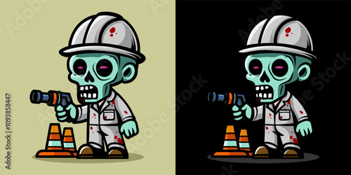 An illustration of zombie construction worker. Horror and spooky element. Halloween element design. Isolated on clear background. Vector Eps 10.