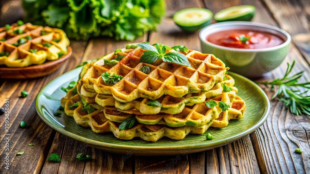 Deliciously Crispy Zucchini Waffles Served on a Rustic Plate with Fresh Herbs and Dipping Sauce, Perfect for a Healthy Breakfast or Brunch Option Deliciously Crispy Zucchini Waffles Served on a Rustic Plate with Fresh Herbs and Dipping Sauce, Perfect for a Healthy Breakfast or Brunch Option