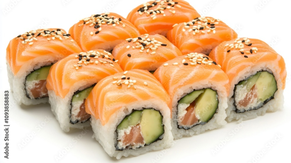 Delicious and Colorful Salmon Sushi Rolls with Fresh Cucumber and Sesame Seeds Perfect for Gourmet Dishes and Culinary Presentation in Japanese Cuisine Delicious and Colorful Salmon Sushi Rolls with Fresh Cucumber and Sesame Seeds Perfect for Gourmet Dishes and Culinary Presentation in Japanese Cuisine