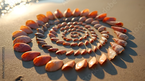 a pattern inspired by the ocean, using various types of seashells and marine textures arranged in a repetitive, circular design that evokes the rhythm of waves.