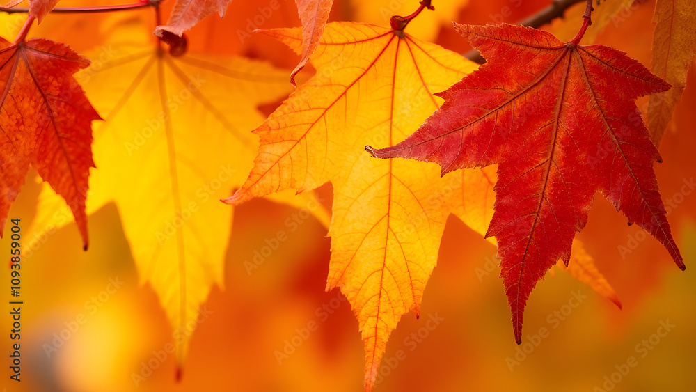 Photograph of overlapping autumn leaves forming a layered pattern of warm oranges, yellows, and reds. Soft lighting enhances the natural texture and veins.