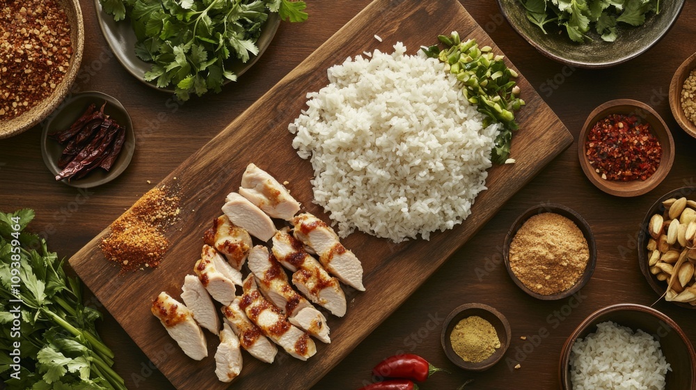 Deliciously Prepared White Rice Accompanied by Grilled Chicken, Fresh Herbs, Spices, and Condiments on a Rustic Wooden Board Featuring a Vibrant Culinary Layout Deliciously Prepared White Rice Accompanied by Grilled Chicken, Fresh Herbs, Spices, and Condiments on a Rustic Wooden Board Featuring a Vibrant Culinary Layout