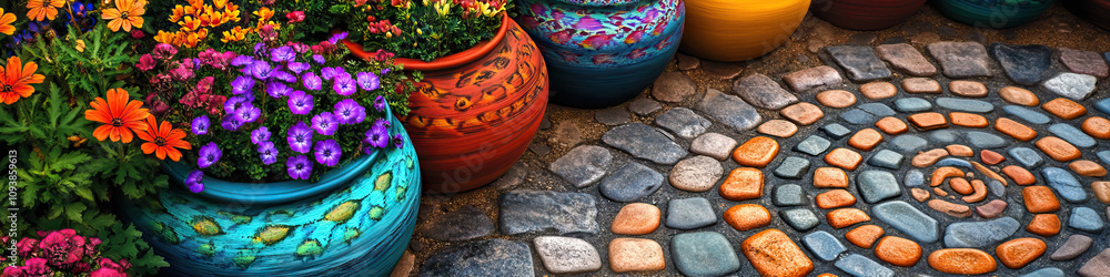 custom made wallpaper toronto digitalFractal Flowerbed: A bed of colorful, intricately patterned flower pots, arranged in a spiral formation along a stone path.