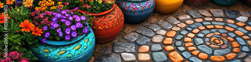 Wallpaper Mural Fractal Flowerbed: A bed of colorful, intricately patterned flower pots, arranged in a spiral formation along a stone path. Torontodigital.ca