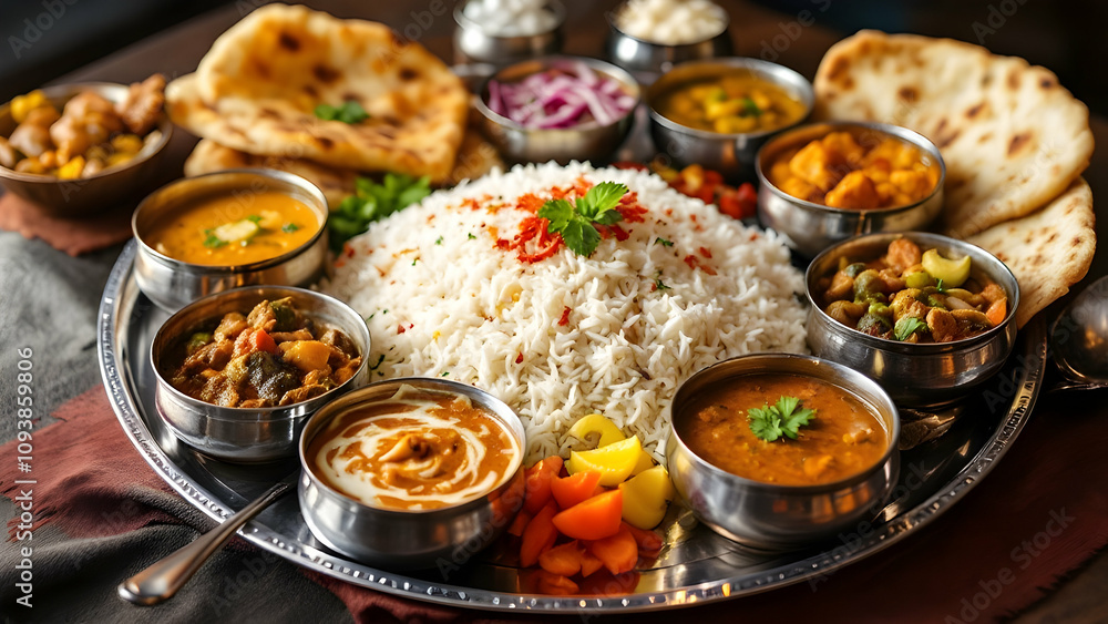 A traditional Indian thali meal, presented on a large silver plate with bowls of curry, rice, naan, and pickled vegetables, styled with vibrant colors and spices. A traditional Indian thali meal, presented on a large silver plate with bowls of curry, rice, naan, and pickled vegetables, styled with vibrant colors and spices.
