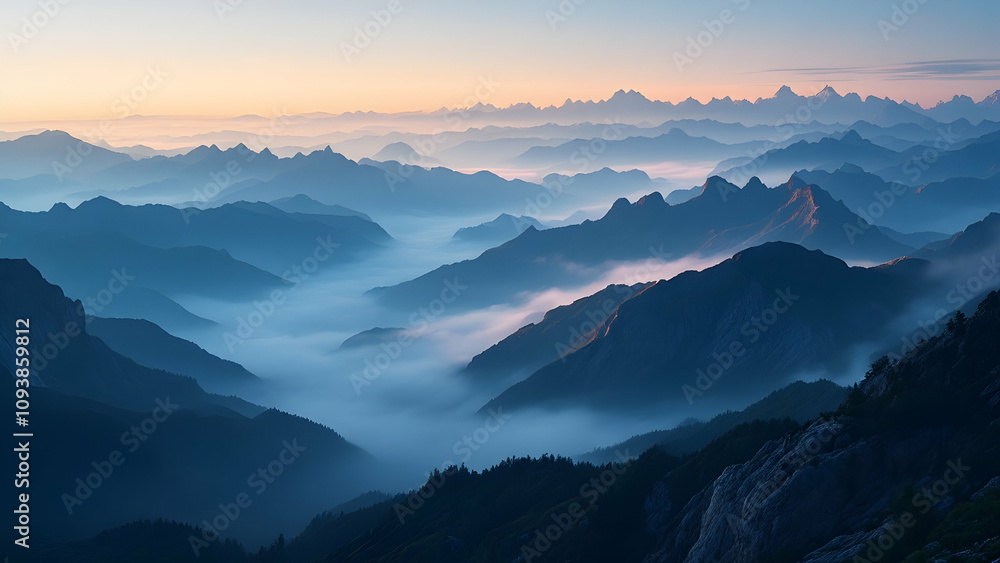 A breathtaking view of a mountain range at sunrise, with the first rays of golden light illuminating the peaks and deep shadows filling the valleys, surrounded by a sea of mist. A breathtaking view of a mountain range at sunrise, with the first rays of golden light illuminating the peaks and deep shadows filling the valleys, surrounded by a sea of mist.