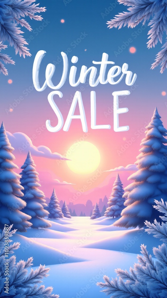 Stunning winter sale banner featuring a serene snowy landscape, pine trees, and a colorful sunset sky. Perfect for seasonal promotions, holiday ads, and winter campaigns. Stunning winter sale banner featuring a serene snowy landscape, pine trees, and a colorful sunset sky. Perfect for seasonal promotions, holiday ads, and winter campaigns.