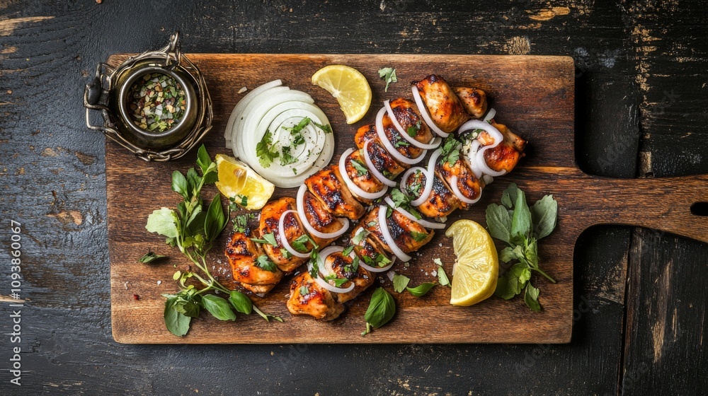 Grilled Chicken Skewers Served on a Rustic Wooden Platter with Fresh Herbs, Lemon Wedges, and Sliced Onions for a Delicious Culinary Experience Grilled Chicken Skewers Served on a Rustic Wooden Platter with Fresh Herbs, Lemon Wedges, and Sliced Onions for a Delicious Culinary Experience