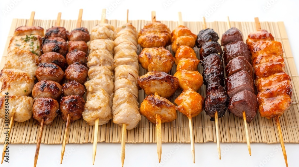 Grilled Skewers of Various Delicious Meats and Flavors Arranged on a Bamboo Mat Perfect for Japanese Cuisine Photography and Culinary Arts Grilled Skewers of Various Delicious Meats and Flavors Arranged on a Bamboo Mat Perfect for Japanese Cuisine Photography and Culinary Arts