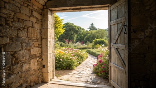 A stone door slowly opening to reveal a bright light and a garden filled with flowers, symbolic renewal, hope, garden