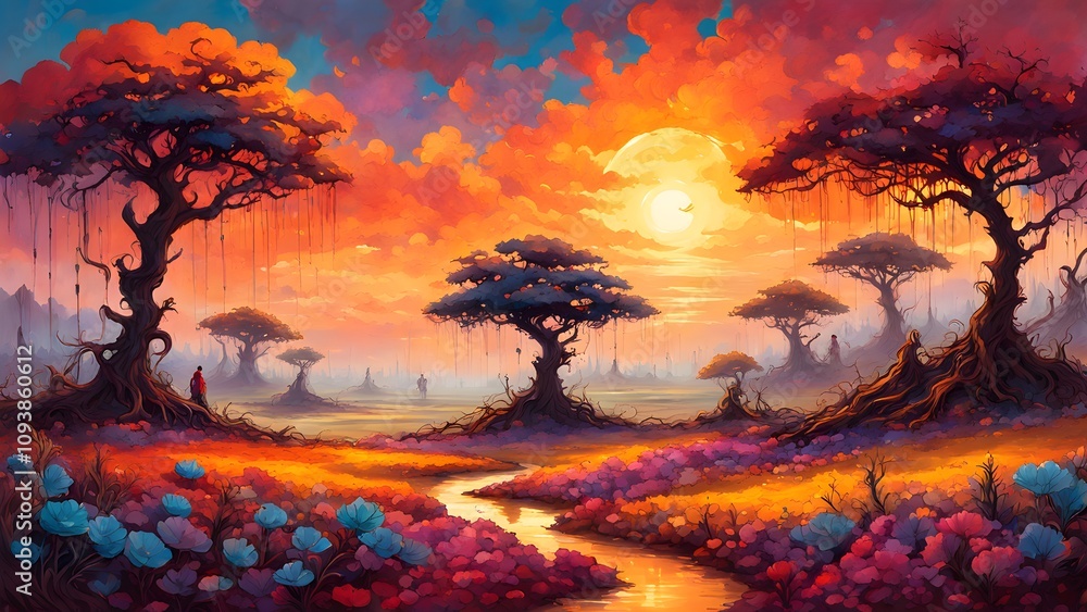 Surreal sunset landscape with vibrant flowers, winding stream, and unique trees. Surreal sunset landscape with vibrant flowers, winding stream, and unique trees.