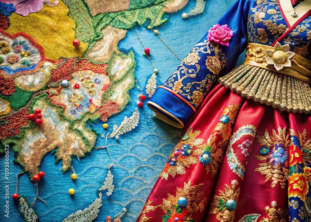 Fototapeta premium Detailed Fashion Photography of a World Map Highlighting South Korea’s Unique Cultural Elements and Textures for a Stylish Global Perspective