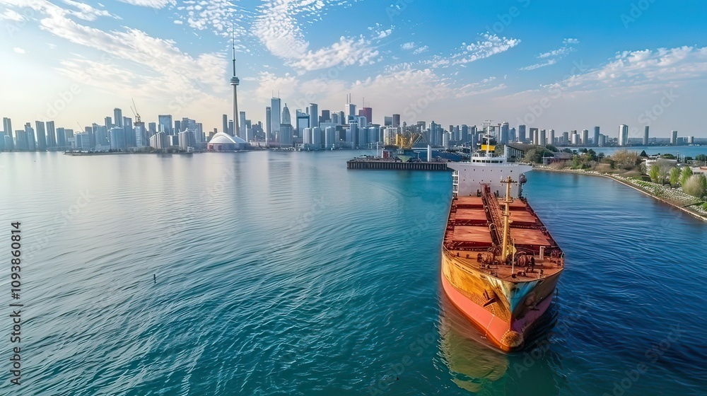 Cargo ship moored at the harbor with a city skyline in the distance. Cargo ship moored at the harbor with a city skyline in the distance.