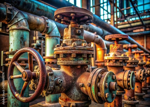 Detailed View of Old Rusty Metal Pipes and Valves in an Industrial Setting with High Depth of Field, Capturing the Texture and Wear of Aging Infrastructure