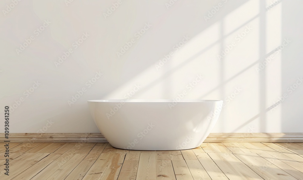 A minimalist bathroom with a freestanding bathtub in the center of the room. The sun streams through the window creating light and shadows on the floor A minimalist bathroom with a freestanding bathtub in the center of the room. The sun streams through the window creating light and shadows on the floor