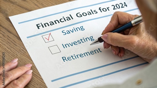 A closeup of someone writing a list titled Financial Goals for 2024 with bullets for saving investing and retirement.