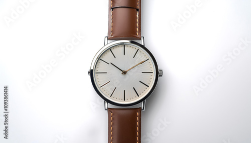 Wallpaper Mural Analog watch with leather strap, photographed from a top angle on a white flat surface Torontodigital.ca