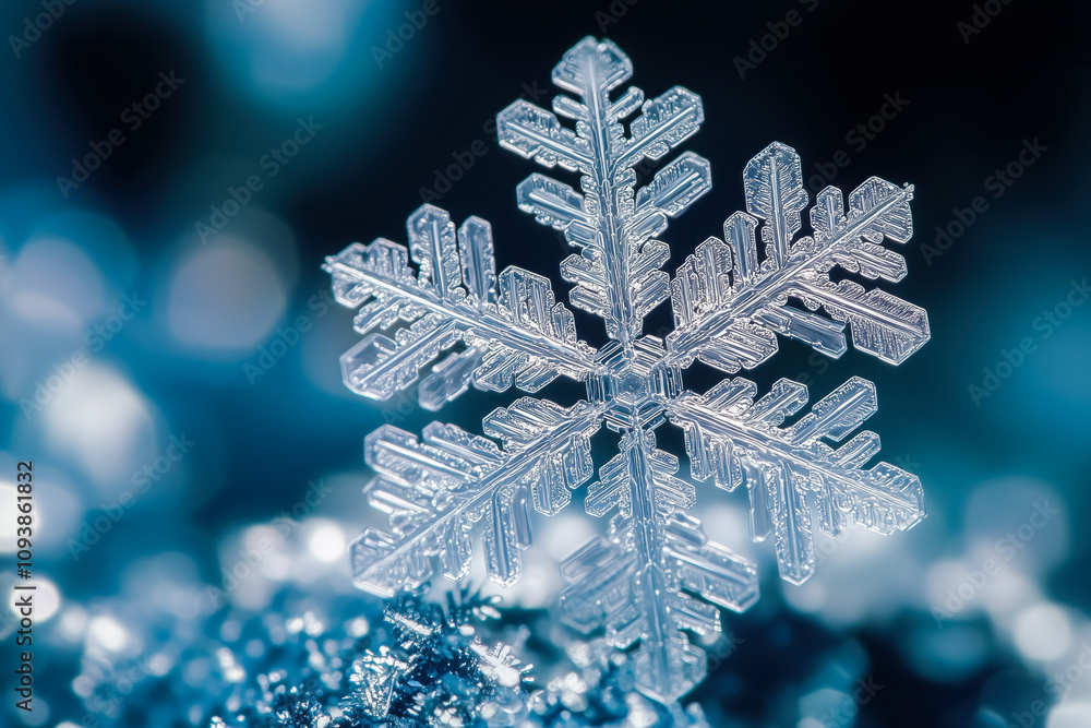 Macro of intricate snowflake on dark background Macro of intricate snowflake on dark background