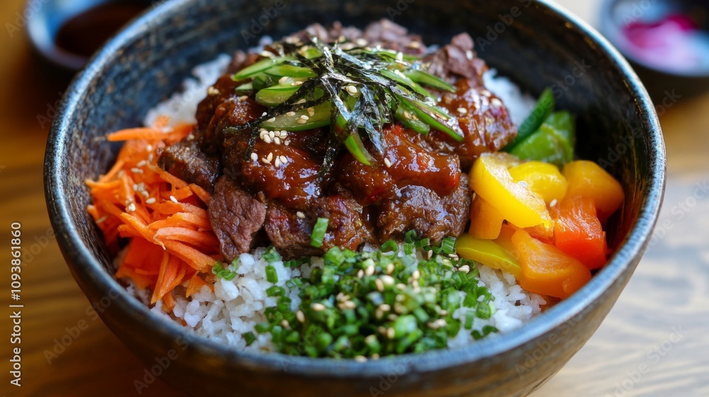 Delicious and Colorful Rice Bowl with Tender Beef Salad, Fresh Vegetables, and Flavorful Sauce Served in a Rustic Bowl on a Wooden Table Delicious and Colorful Rice Bowl with Tender Beef Salad, Fresh Vegetables, and Flavorful Sauce Served in a Rustic Bowl on a Wooden Table