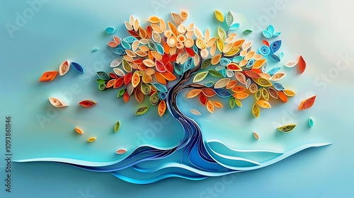 A quilling design of a tree with colorful leaves, each leaf made from delicately coiled paper strips, symbolizing growth and nature. 8k UHD, suitable for high-quality printing or digital display. 