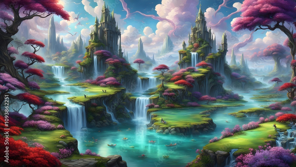 Fantasy landscape with waterfalls, castles, and vibrant flora. Fantasy landscape with waterfalls, castles, and vibrant flora.