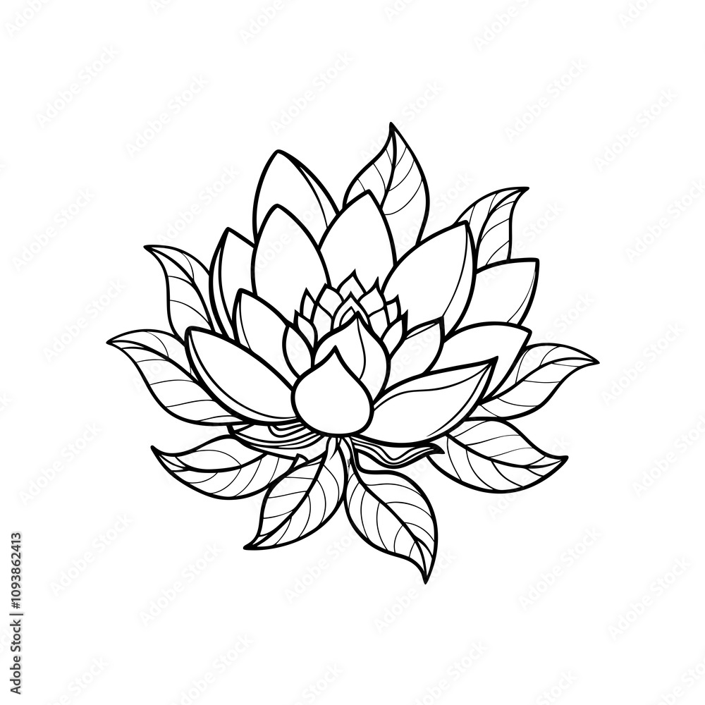 A hand-drawn line art of a lotus with leaves icon vector illustration line art A hand-drawn line art of a lotus with leaves icon vector illustration line art