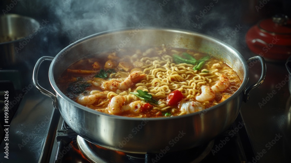 Steaming Bowl of Spicy Shrimp Noodle Soup with Fresh Vegetables in a Metal Pot on a Gas Stove Creating an Inviting Culinary Experience for Food Lovers Steaming Bowl of Spicy Shrimp Noodle Soup with Fresh Vegetables in a Metal Pot on a Gas Stove Creating an Inviting Culinary Experience for Food Lovers