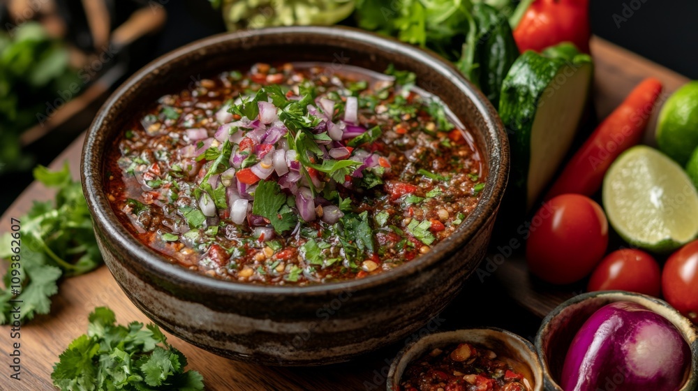 Fototapeta premium Fresh and Colorful Salsa with Vegetables and Herbs in a Rustic Bowl Surrounded by a Variety of Fresh Ingredients on a Dark Background