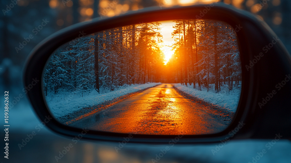 Sunlight reflects off a snowy winter road captured through a car window creating a serene and peaceful atmosphere symbolizing clarity hope and the journey forward in a cold season Sunlight reflects off a snowy winter road captured through a car window creating a serene and peaceful atmosphere symbolizing clarity hope and the journey forward in a cold season