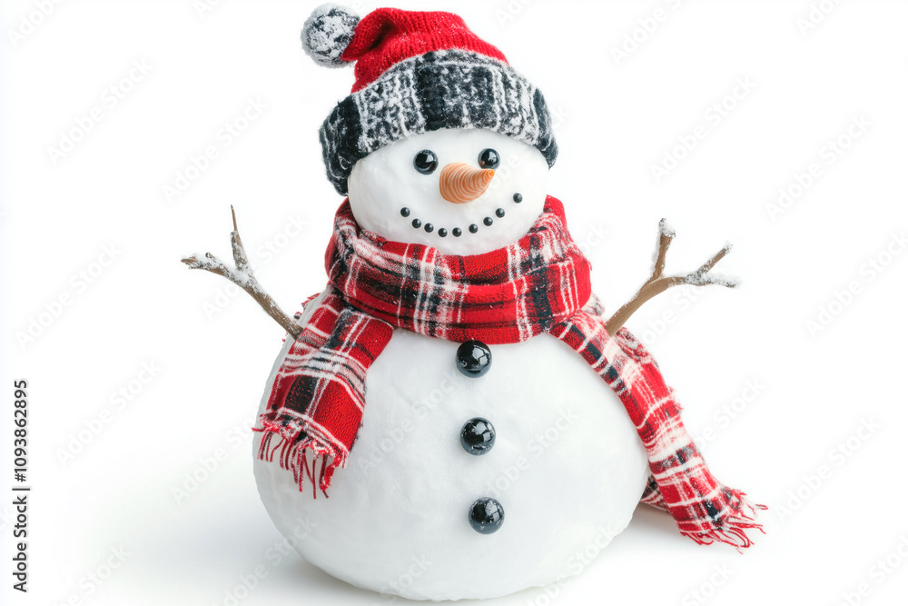 Cheerful snowman with plaid scarf and red hat Cheerful snowman with plaid scarf and red hat