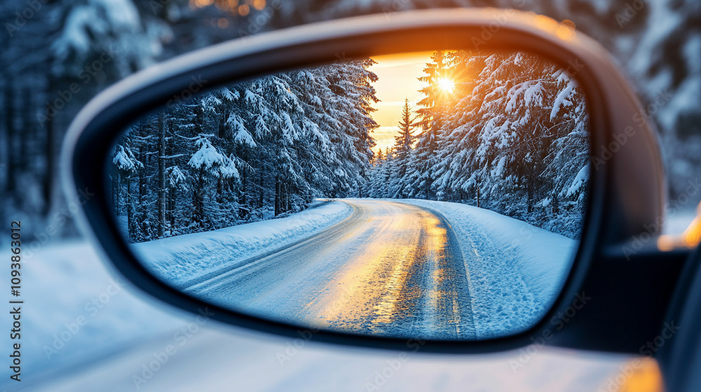 Sunlight reflects off a snowy winter road captured through a car window creating a serene and peaceful atmosphere symbolizing clarity hope and the journey forward in a cold season Sunlight reflects off a snowy winter road captured through a car window creating a serene and peaceful atmosphere symbolizing clarity hope and the journey forward in a cold season