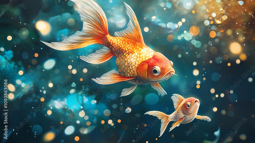 Mysterious and beautiful goldfish swimming in the water. Golden Fish Pond. Illustration Mysterious and beautiful goldfish swimming in the water. Golden Fish Pond. Illustration