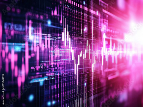 Vibrant financial graph with glowing pink arrows and data lines