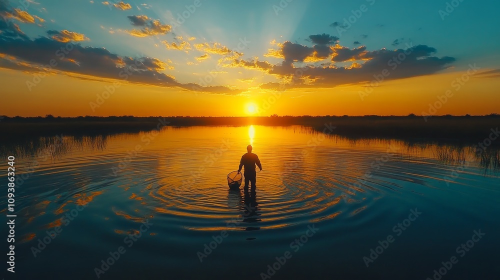 Silhouetted person wading in calm lake water at sunset, carrying a bucket. Silhouetted person wading in calm lake water at sunset, carrying a bucket.