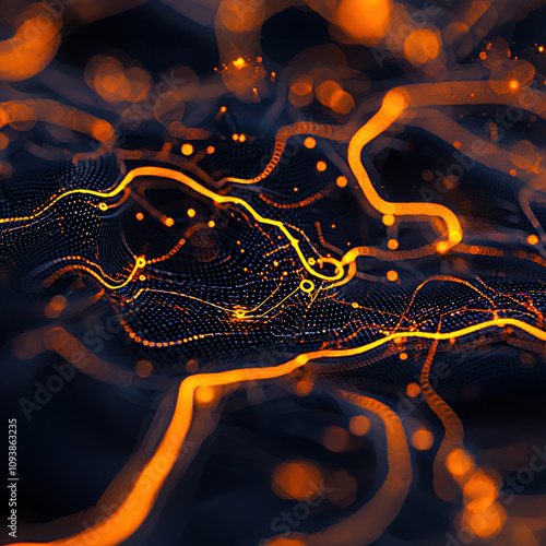 Abstract digital landscape with glowing orange lines and dots