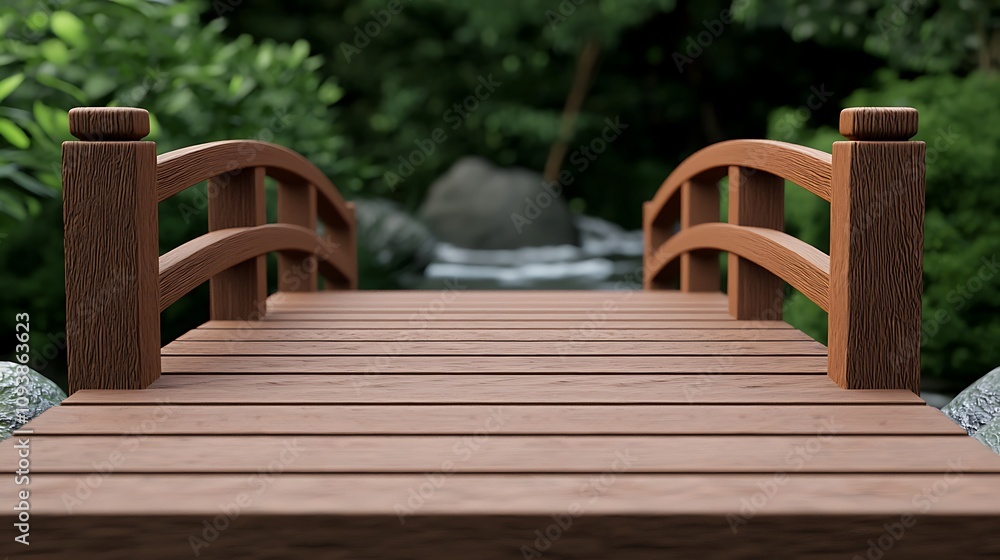 Wooden footbridge in tranquil garden setting Wooden footbridge in tranquil garden setting