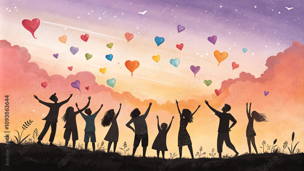 vector Multicultural Children Celebrating Unity, joyful children of diverse backgrounds raise their hands towards colorful hearts in the sky, embodying hope and togetherness in a serene setting. vector Multicultural Children Celebrating Unity, joyful children of diverse backgrounds raise their hands towards colorful hearts in the sky, embodying hope and togetherness in a serene setting.