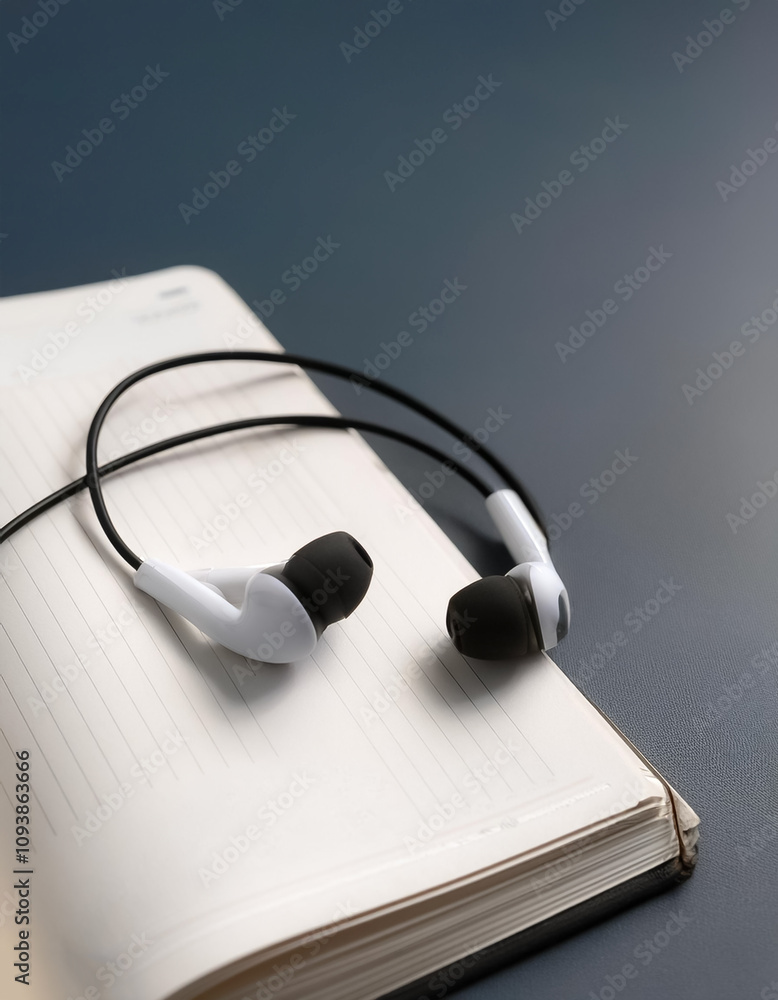 An earphone is placed on top of an open journal with a minimalist background An earphone is placed on top of an open journal with a minimalist background