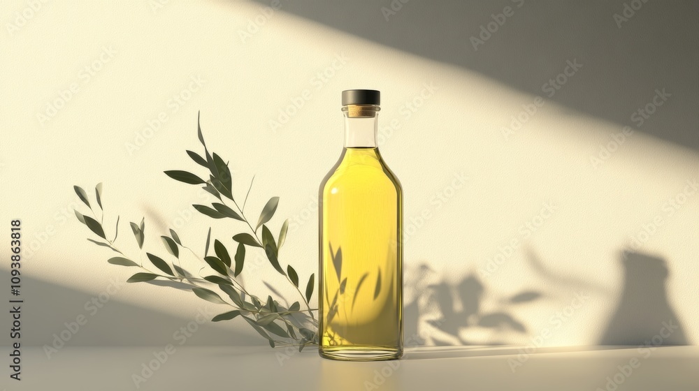Elegant minimalist bottle of olive oil showcasing golden liquid and delicate olive branch on a subtle background Elegant minimalist bottle of olive oil showcasing golden liquid and delicate olive branch on a subtle background